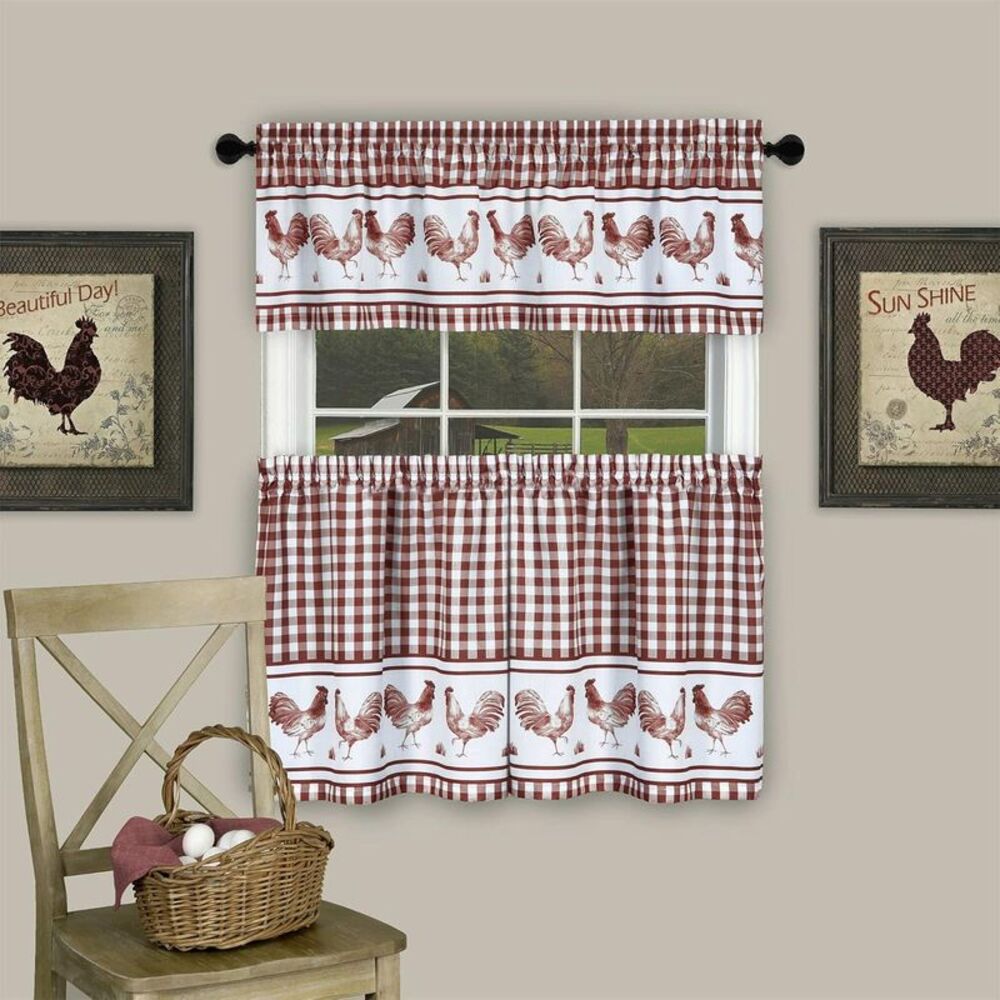 Achim 58 x 24 in. Barnyard Window Curtain Tier Pair & Valance Set, Burgundy